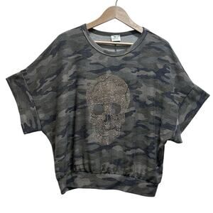 Blue Buttercup Skull Camo Bling Gold Stud Pullover Top L Green Blk Edgy Grunge